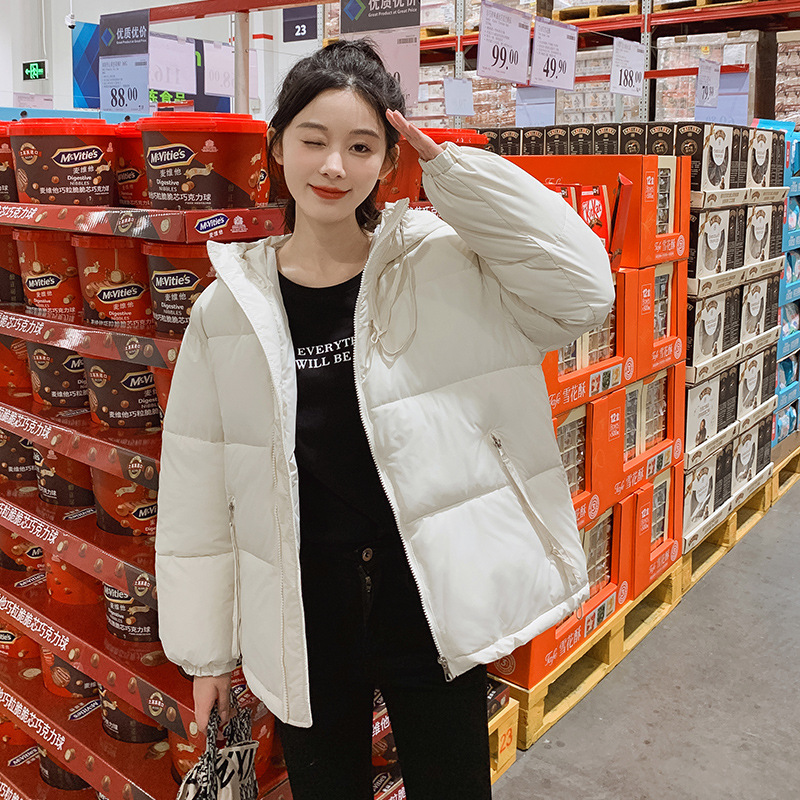 棉服女短款宽松连帽百搭设计感棉衣2023秋冬新款棉袄可爱时尚潮流_186 白色 M