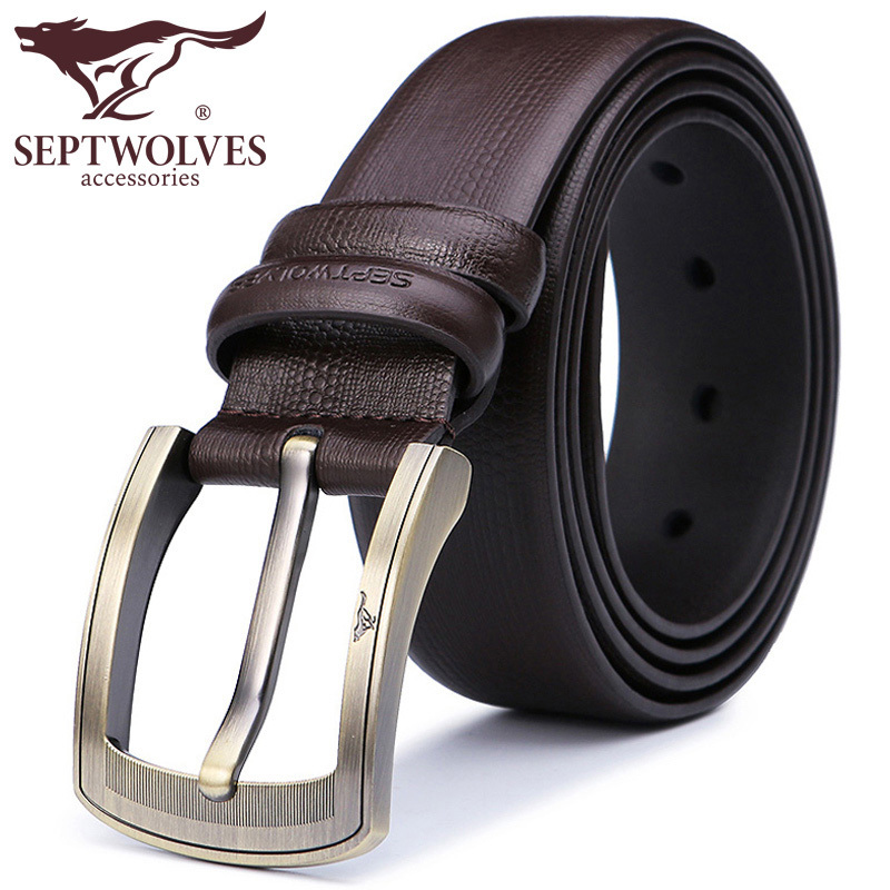 正品 七匹狼SEPTWOLVES 针扣 男士 皮带 真皮 牛皮 腰带 商务 韩版 加宽 青年 裤带 黑色系;棕色系