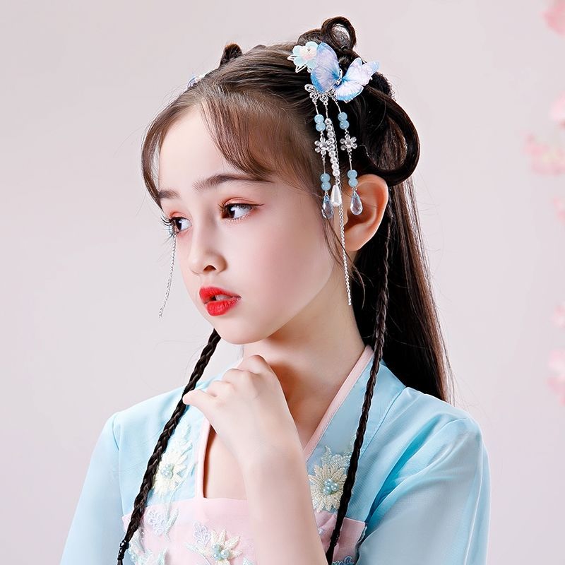 宝宝汉服头饰品儿童古风古装女童发饰小女孩中国风流苏发卡头花朵粉色