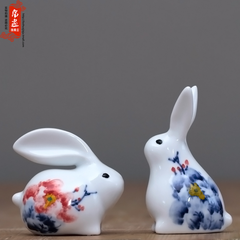 兔子摆件陶瓷饰品创意可爱客厅兔子摆设景德镇青花手绘兔子工艺品 三维工匠 2高清大图