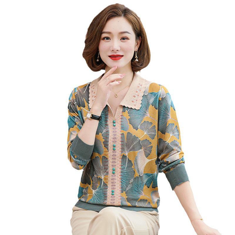 妈妈装早秋新款宽松上衣女时尚气质秋冬翻领针织打底衫中老年女装