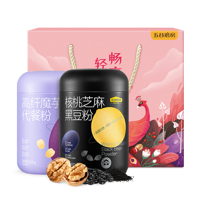 五谷磨房 轻生活礼盒（核桃芝麻黑豆粉600g+魔芋代餐粉600g+手绘精致礼盒）