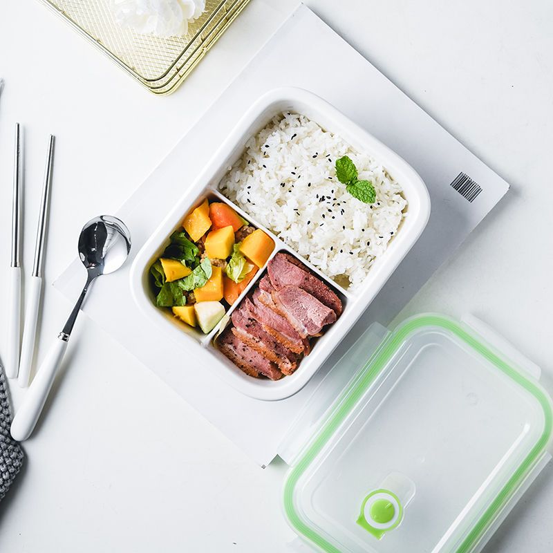 陶瓷饭盒学生三格便当盒微波炉加热保鲜盒带盖上班族分隔型密封白底三