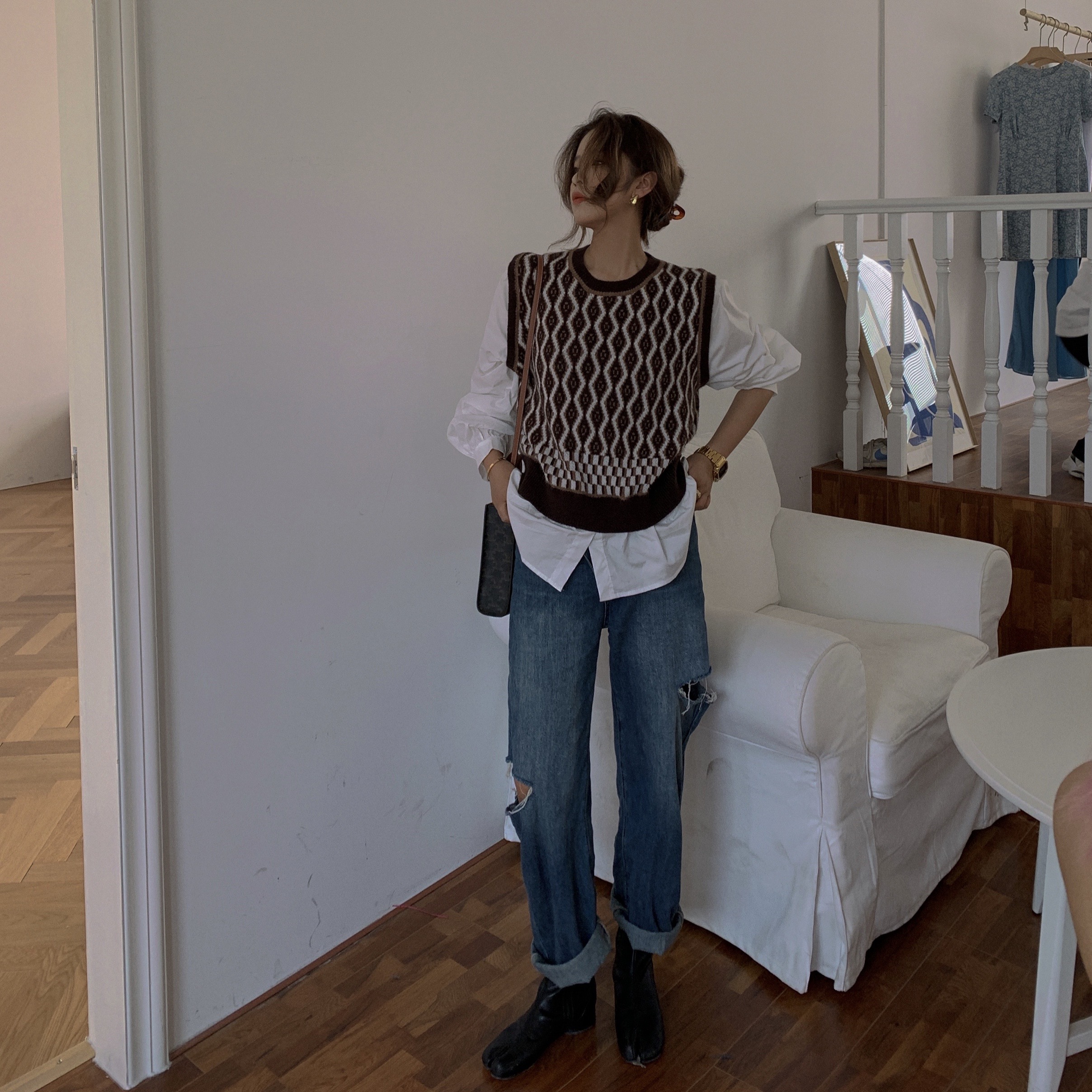 suntek毛衣衬衫假两件女设计感韩版叠穿打底灯笼袖针织马甲拼接衬衣