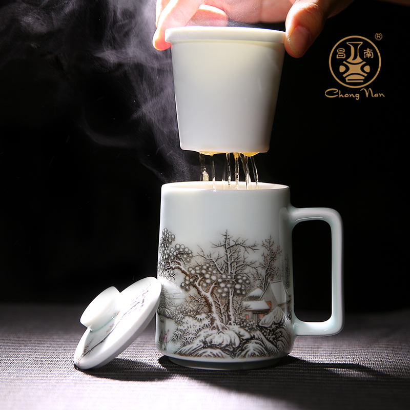 昌南(Chang Nan) 景德镇陶瓷带盖过滤茶水分离杯 青白瓷[瑞雪兆丰年]办公杯 350ml高清大图