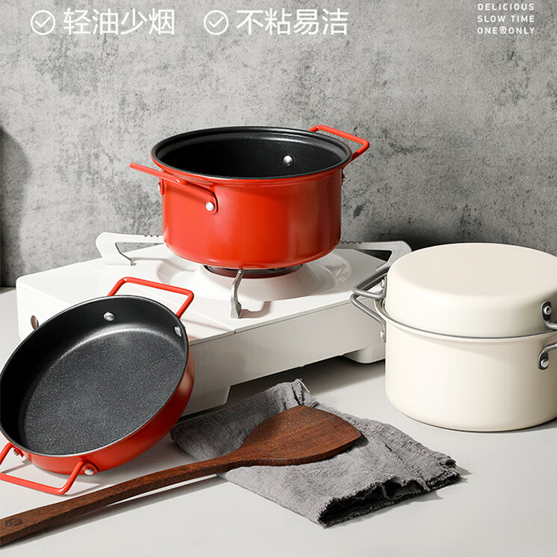 德世朗 精铁不沾锅两件套 锅盖煎锅18cm+锅体炖锅20cm 户外旅行家用锅具汤锅平底锅 红色 DFS-TZ875高清大图
