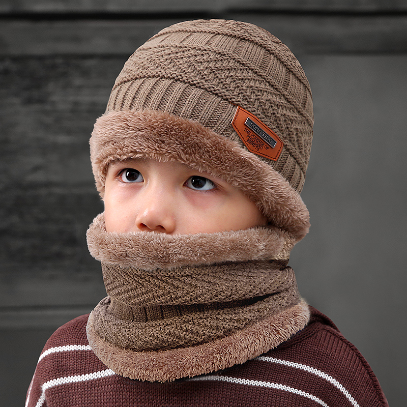 帽子男女冬季韩版潮流 围脖两用成人中小学生帽子户外骑车加绒保暖毛线帽2019新品针织帽 儿童棕色套装