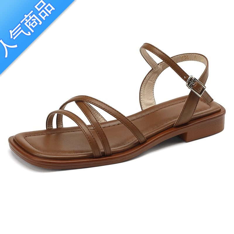 SUNTEK软底低跟凉鞋女2023年夏季新款细带方头一字带平底防滑罗马鞋高清大图