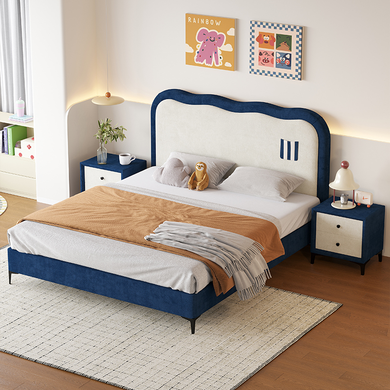 欧梵森创意童趣儿童床男孩女孩卡通软包床现代简约卧室透气棉麻布艺床储物实木单双人床