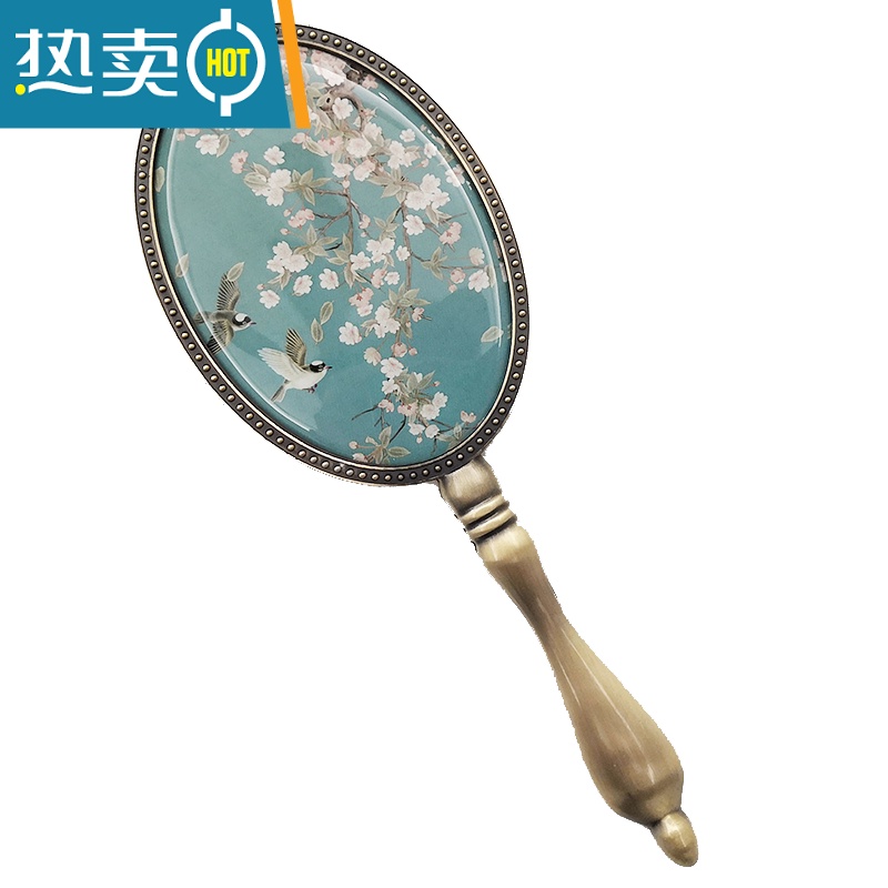 敬平欧式复古青铜金属手柄镜子女化妆镜小号便携随身少女公主圆手持镜 黄底紫绿两只蝴蝶便携式用镜高清大图