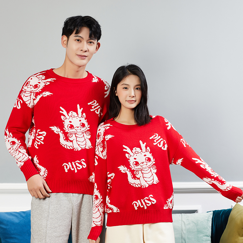 2024新款龙年红色情侣装一家三口春秋季纯棉卫衣母女装洋气新年服亲子装春秋2024新款龙年过年服一家三口炸街红色毛衣