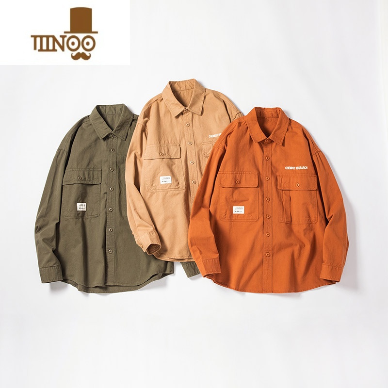 YANXU工装衬衫男长袖宽松日系潮牌翻领休闲痞帅百搭衬衣外帅高清大图