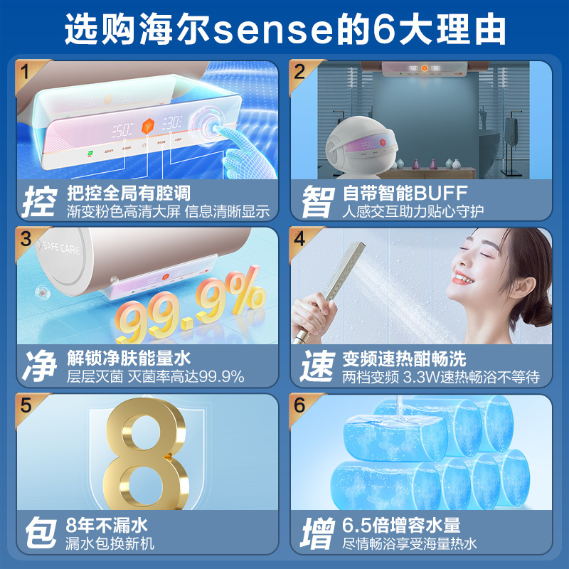 [新品]海尔(Haier)60升电热水器 3.3KW变频速热 镁棒免更换内胆免清洗 EC6002-Sense7金U1