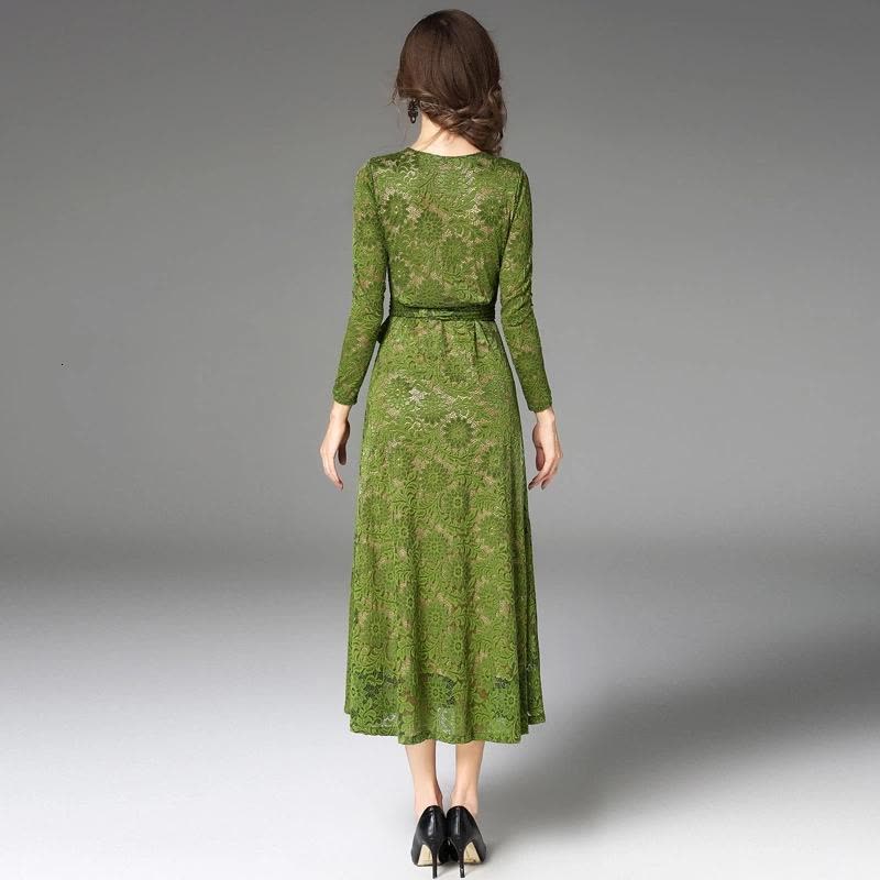 2017秋季新款长袖修身V领系带收腰显瘦蕾丝连衣裙长裙礼服女图片