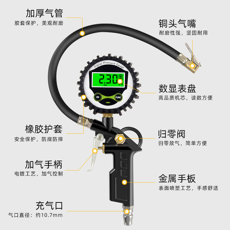 [补贴10%]胎压表气压表高精度带充气头汽车轮胎测压监测器数显加气表打气枪高清大图