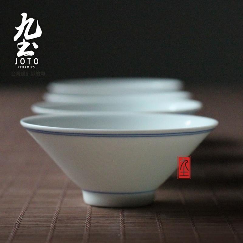 茶具手工小斗笠绘制青花復古双圈手工薄胎素雅简洁小茶杯