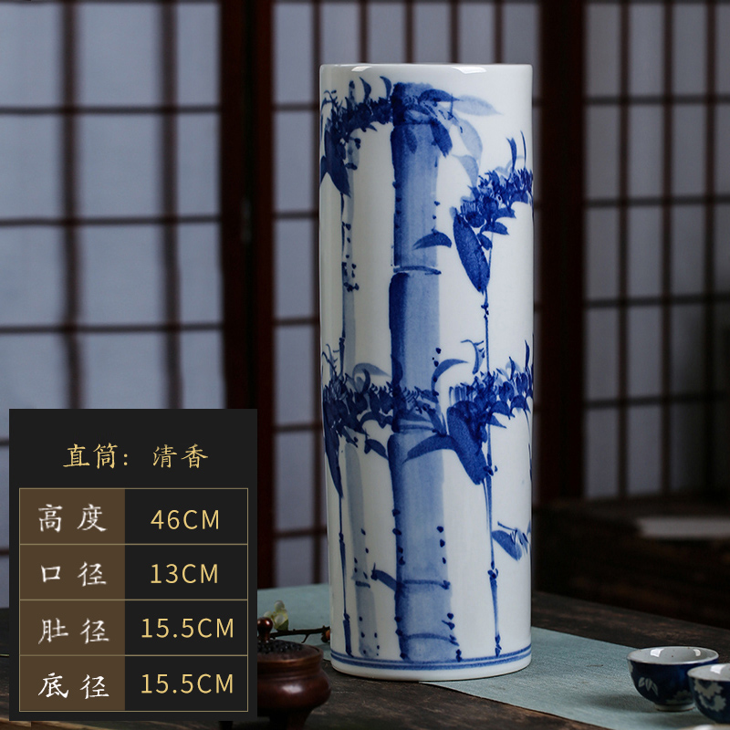景德镇陶瓷筒富贵竹花瓶插花摆件客厅落地特大号直筒水养培插花器 三维工匠 箭筒青花竹(不含底座)高清大图