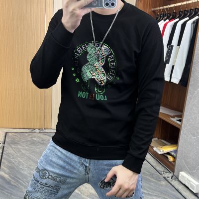 欧货秋冬新款卫衣男加绒加厚小熊潮流时尚圆领长袖体恤打底衫上衣_5303 【卫衣】W565黄绿拼熊圆FL黑色 M
