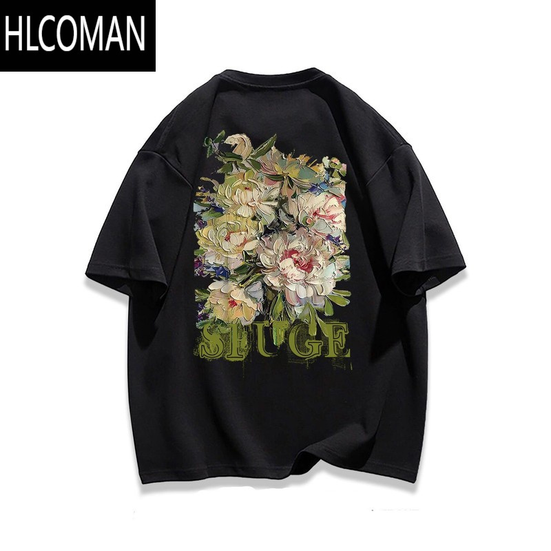 hlcoman美式复古街头vintage花朵印花短袖t恤男女夏oversize潮牌上衣