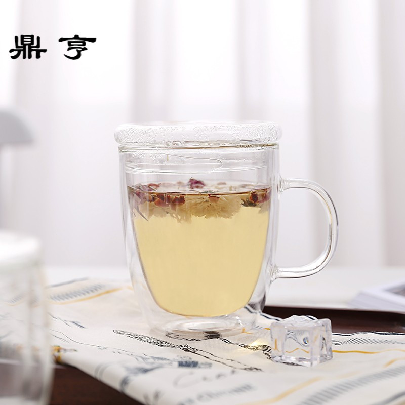 鼎亨加厚透明玻璃水杯带盖办公室杯家用花茶杯泡茶杯牛奶杯耐热茶