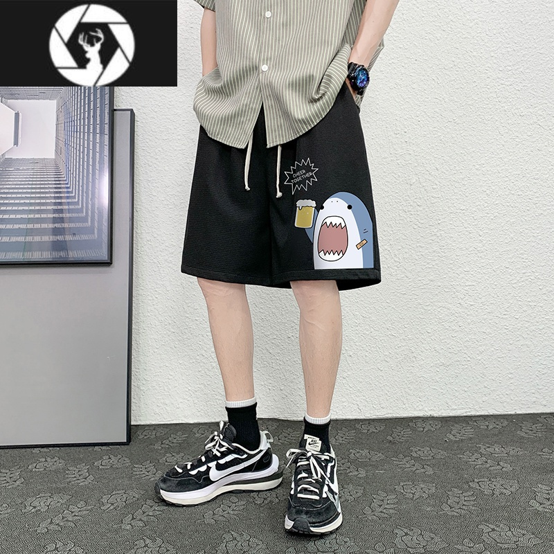 hongzun趣味卡通鲨鱼图案短裤男生设计感小众休闲中裤夏日薄款宽松