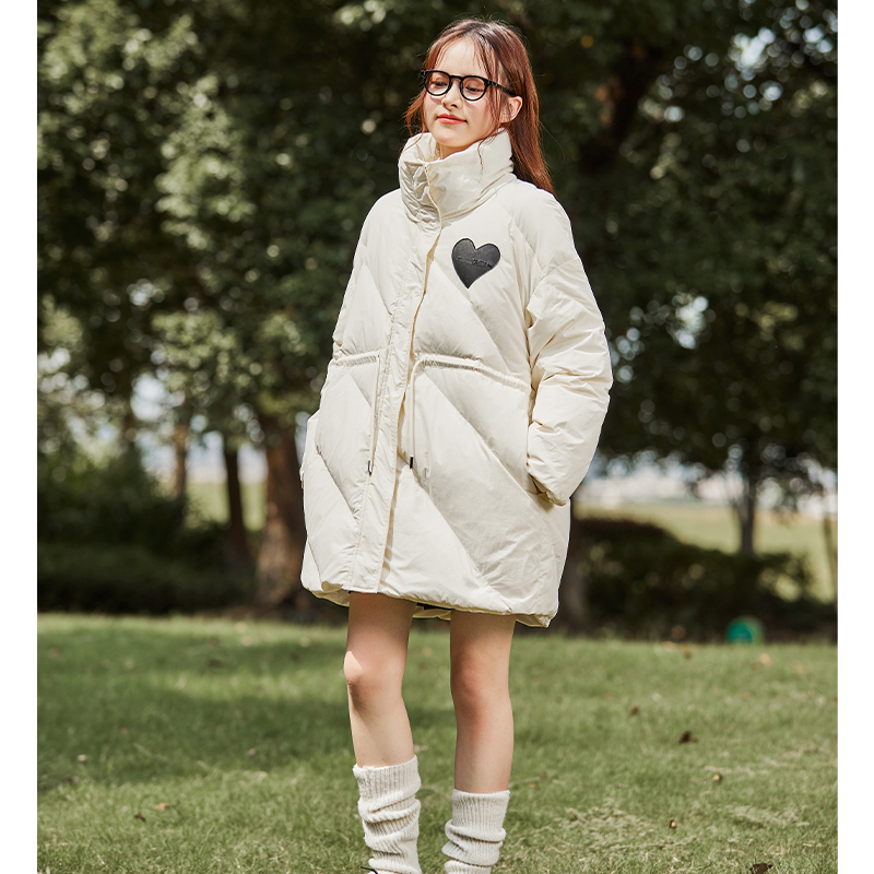 唐狮2023冬装新款女装斜向绗线中长款羽绒服抽绳外套加厚鸭绒_114 L 米白
