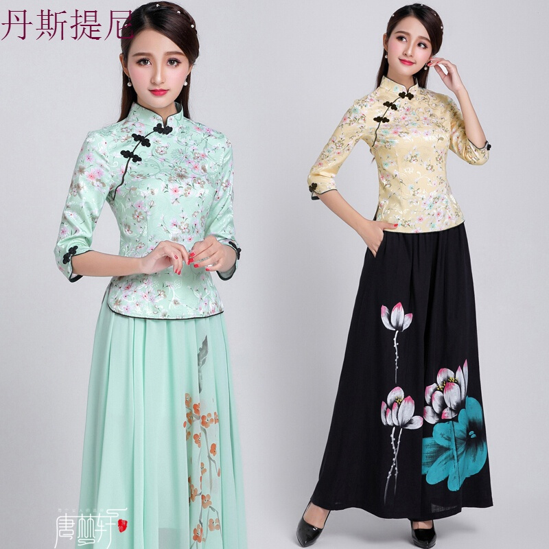 旗袍礼服中式唐装日常改良修身长款民族风大码旗袍两件套装连衣裙