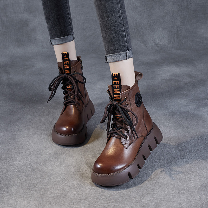 厚底短靴女2023秋冬新款真皮圆头系带侧拉链休闲松糕靴子女马丁靴高清大图