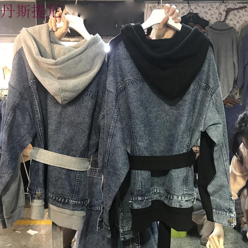 韩版学生bf宽松收腰系带牛仔拼接套头连帽卫衣女中长款潮灰色均码