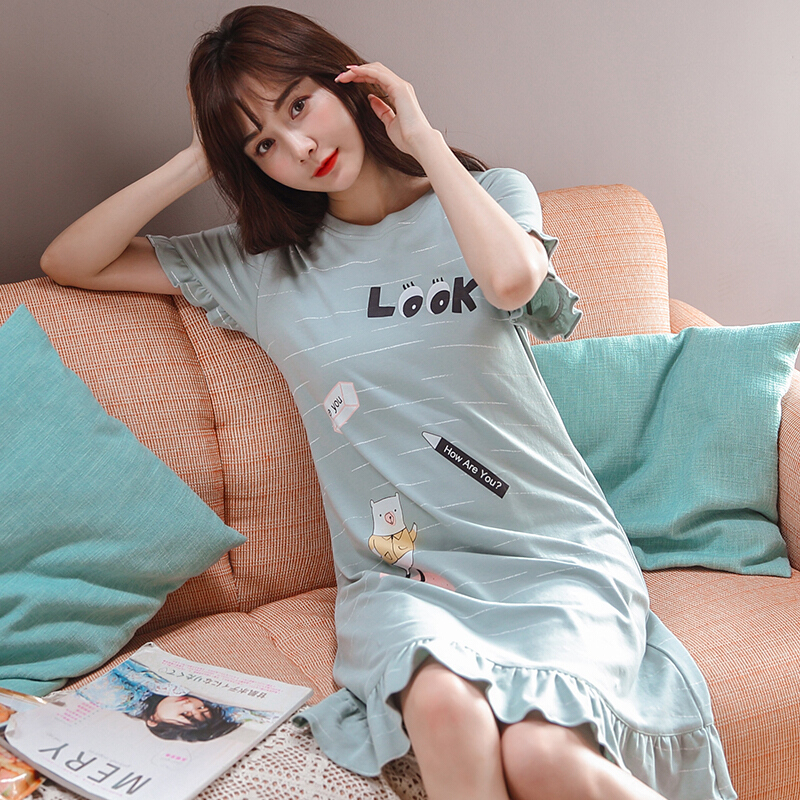 韩版纯棉睡裙女夏季短袖可爱宽松薄款睡衣中裙孕妇家居服睡衣裙浅兰(有口袋)