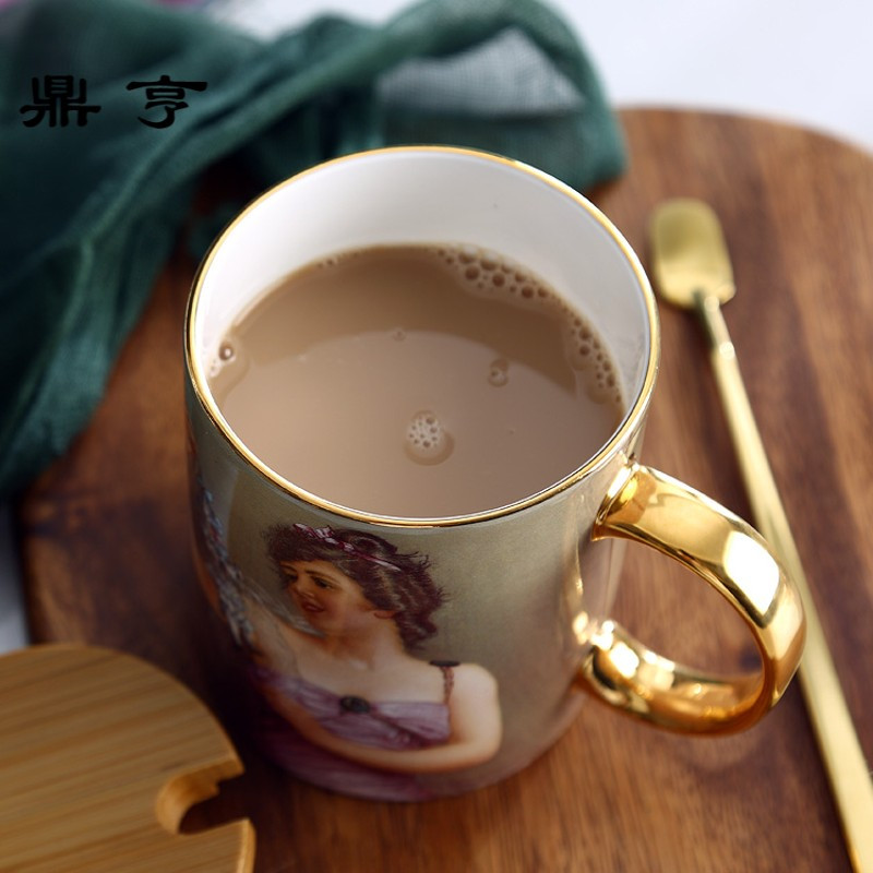 鼎亨陶瓷马克杯带盖带勺早餐杯咖啡杯女办公室家用骨瓷水杯子创意