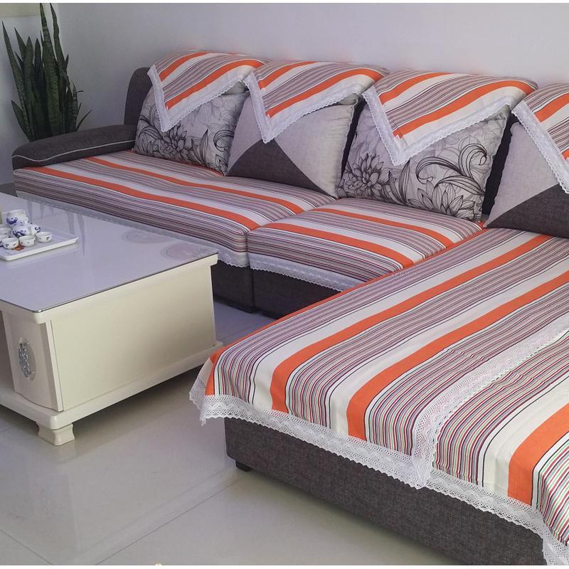 家柏饰(CORATED)四季通用老粗布沙发垫加厚沙发巾现代简约防滑靠背巾定制 橘黄细条 110*220cm