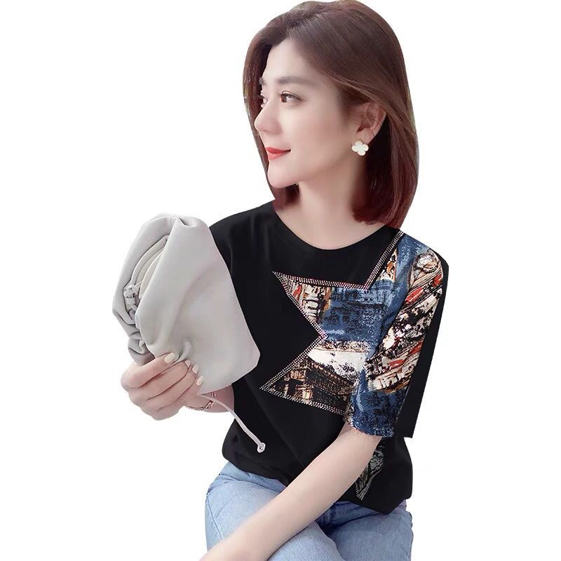 夏季女2021年新款欧货潮黑色短袖t恤洋气休闲印花时尚上衣