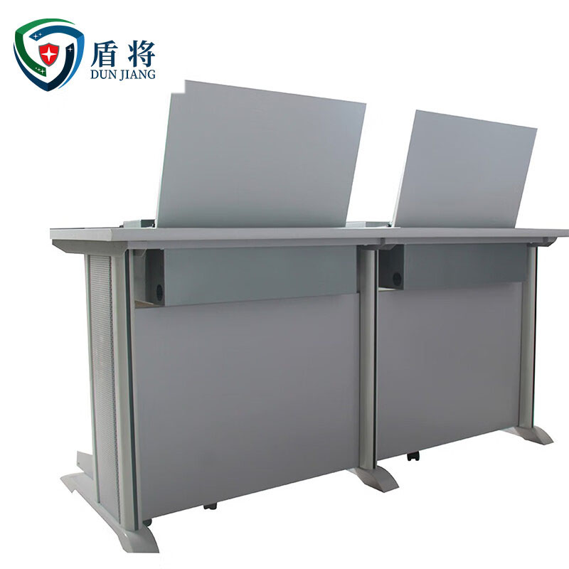盾将翻转电脑桌多媒体办公桌22寸隐藏式学习桌培训桌灰白色FZ29 双人高清大图