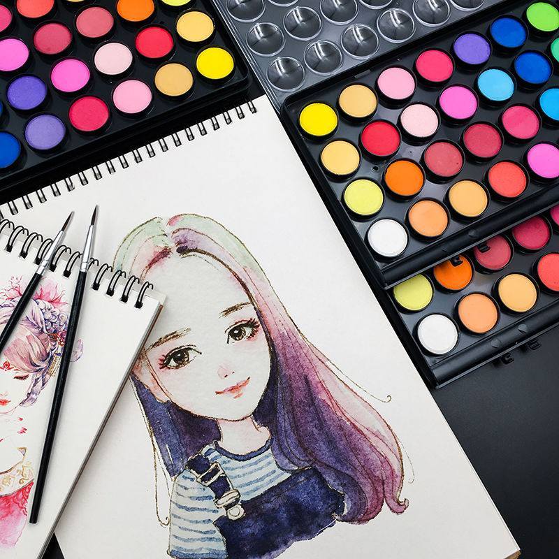 初学者手绘美术画画颜料小学生儿童水粉颜料粉饼固体水彩颜料套装 12色水彩套装 画笔3支+调色盘