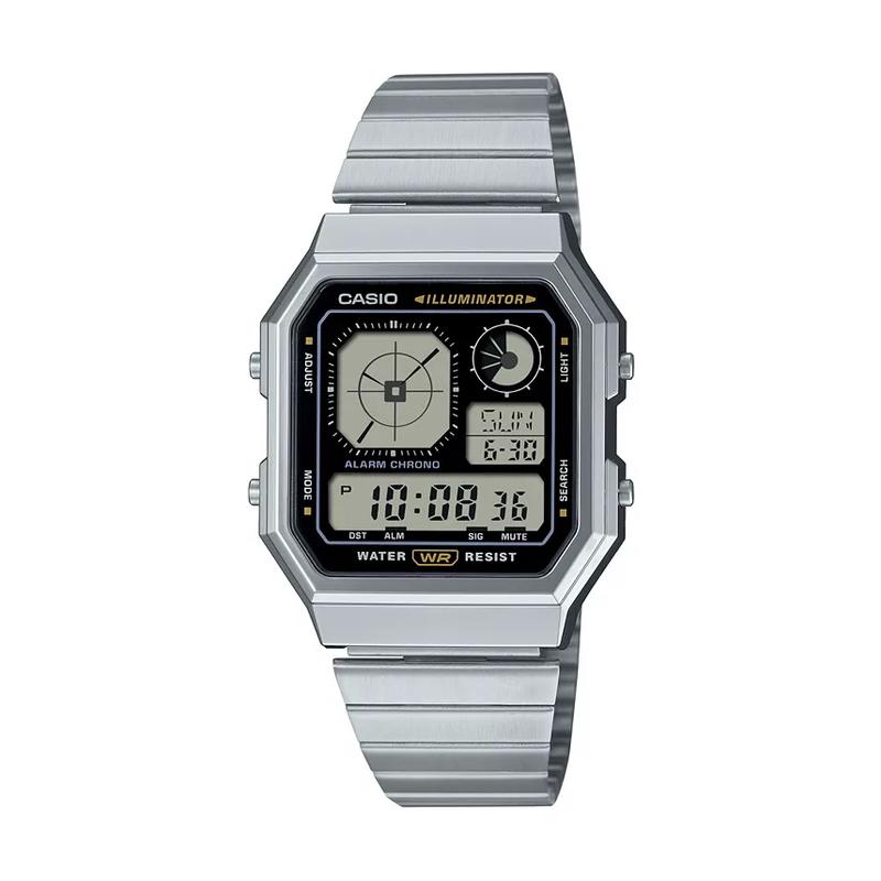 CASIO 男表 男士复古数字不锈钢表 方形潮流手表 防水时尚腕表 送男友
