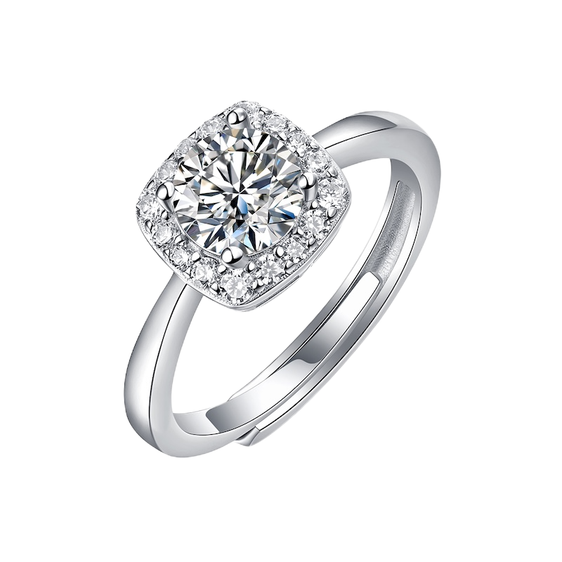 玖钻珠宝 925 银莫桑石戒指 正版小方糖钻戒公主结婚求婚戒指女 R13157 银色 活口