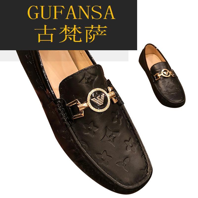 GUFANSA法国奢侈品牌 欧洲上流名士高端品牌旗舰店联名利登阿玛尼豆豆鞋男2021秋冬新款真皮压花休闲皮鞋