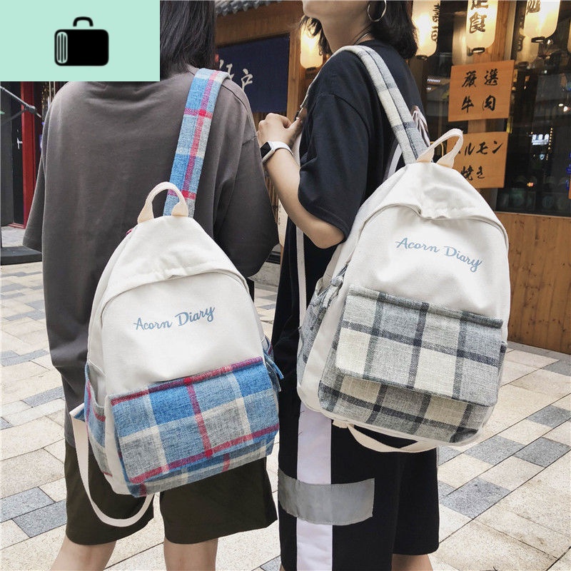 书包女学生韩版初中高中学生大容量格子双肩包古着感少女帆布背包NEW LAKE高清大图