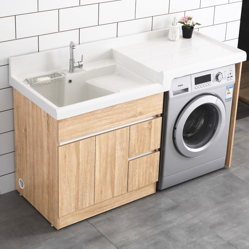 闪电客洗衣柜阳台带搓板洗衣池石英石台面滚筒洗衣机伴侣浴室柜组合