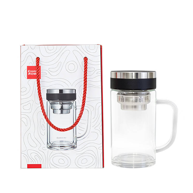 齐心 LM002 双层加厚 高硼硅玻璃带把手杯350ml礼盒装高清大图