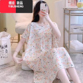 YIBUSHENG中老年棉绸睡裙女季睡衣人造棉连衣裙子绵绸款大码家居服妈妈年 加大码建议120-160斤 绵绸连衣裙-米杏小碎花