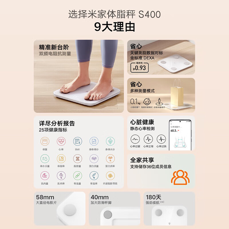 小米(MI) 智能体脂秤S400 米家体重称电子秤人体秤家用体重秤高精准25项身体数据平衡测试 塑形减脂