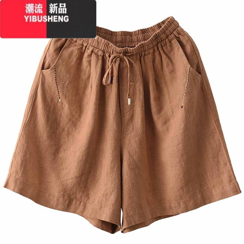 YIBUSHENG2023年新款季复古勾线棉麻短裤女系带松紧腰显瘦阔腿裤休闲中裤高清大图