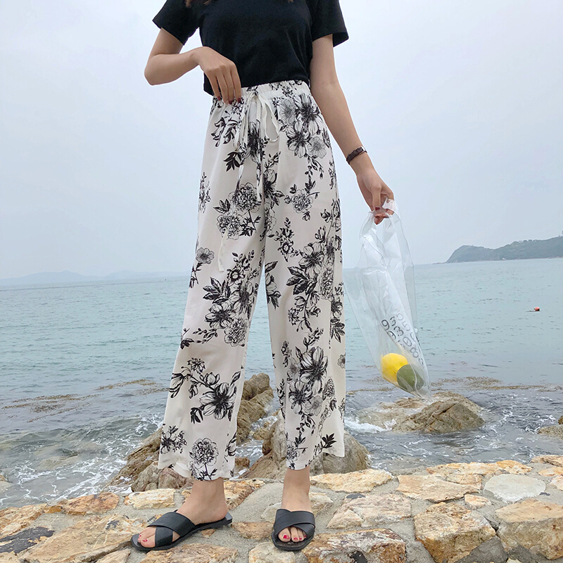 碎花雪纺休闲裤女夏2018薄款阔腿裤宽松韩版百搭学生高腰九分裤子黑牡丹均码