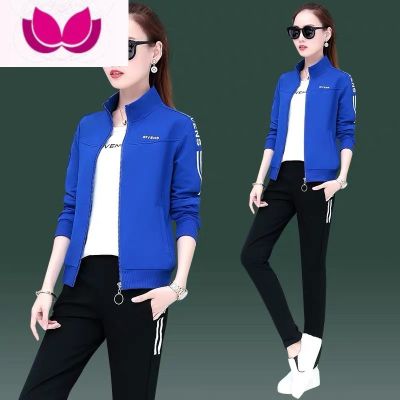 七斓运动套装女夏2022新款大码长袖卫衣三件套时尚大码跑步休闲服 蓝色 M建议80-100斤