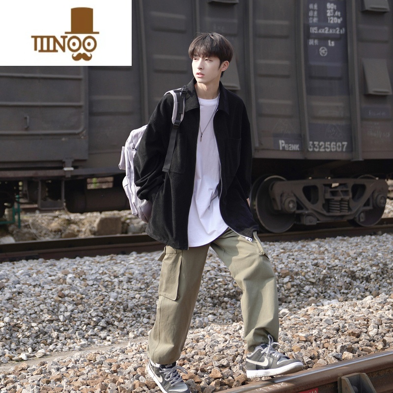 YANXUE秋装男士夹克韩版纯色翻领口袋设计外套休闲潮bf风衣服高清大图