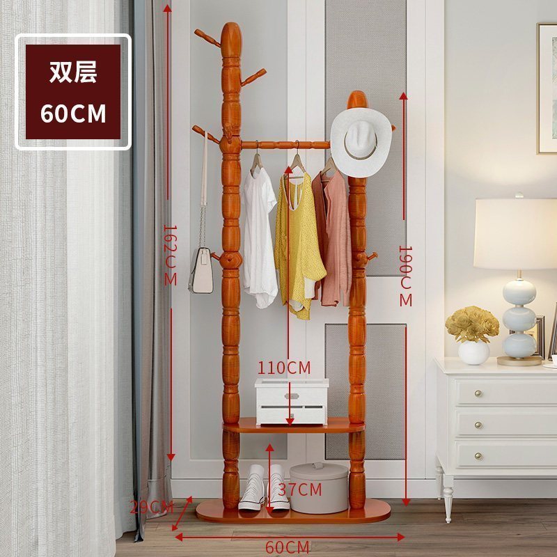汐岩实木衣帽架落地卧室挂衣架欧式厅置物架客厅衣服架现代简约衣架 海棠色-双层-60cm