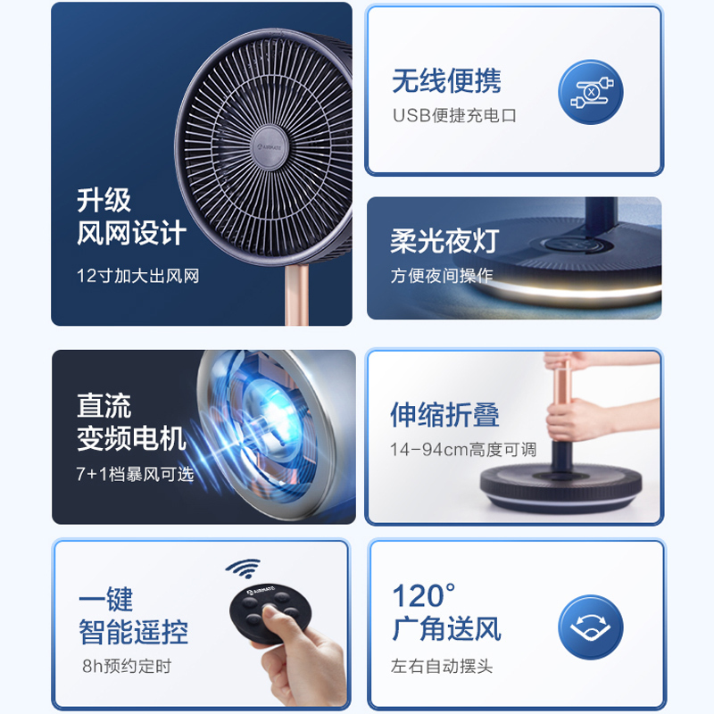 艾美特(Airmate)落地扇无线折叠充电款落地扇便携户外 风扇强大风力智能遥控 带夜灯 10寸折叠扇 CM-RD20高清大图