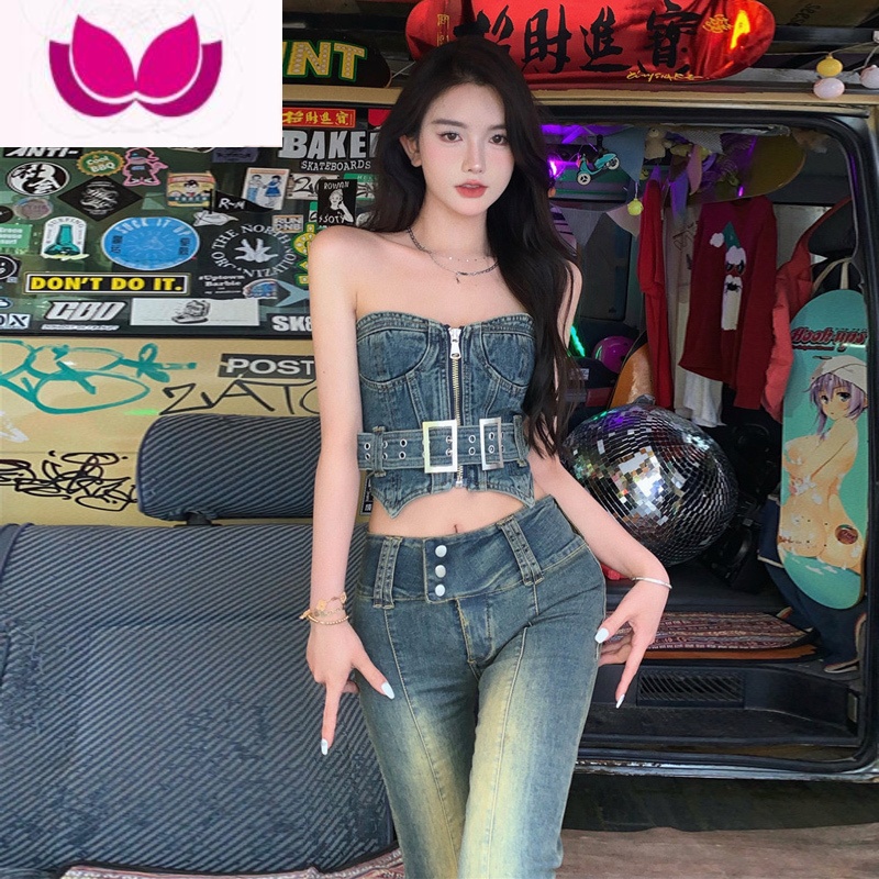 七斓炸街辣妹套装女夏季新款设计感短款牛仔上衣高腰喇叭牛仔裤套高清大图